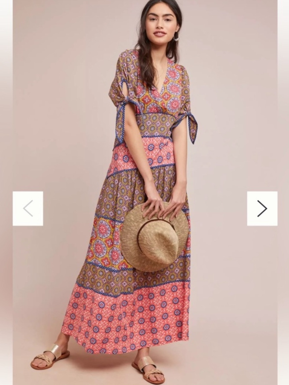 Anthropologie Coral and Olive Mixed-Print Midi Dress